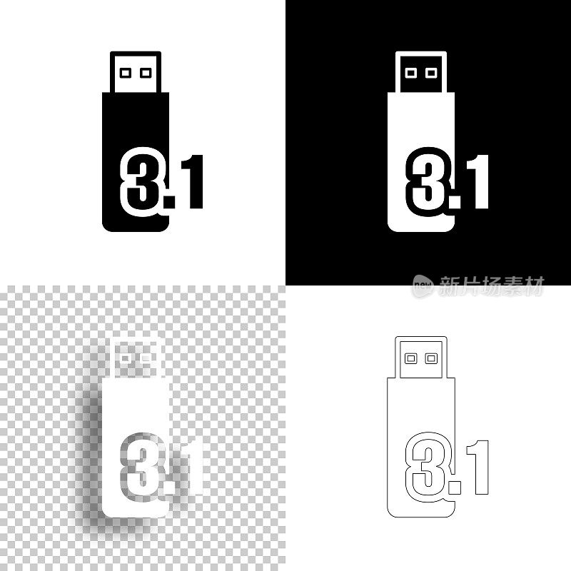 USB 3.1闪存盘。图标设计。空白，白色和黑色背景-线图标